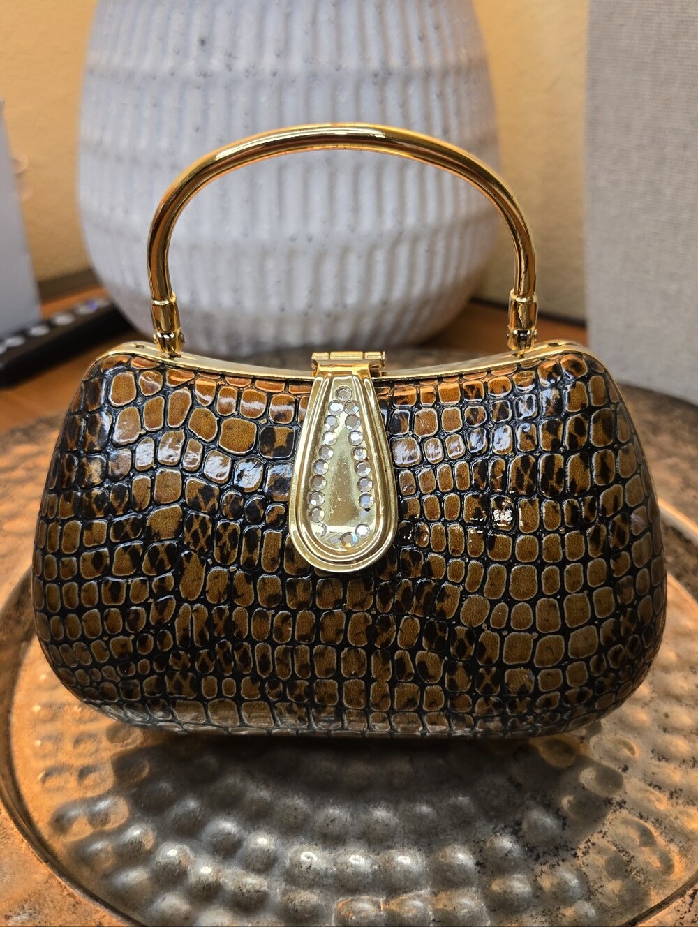 Croc-Embossed Brown Evening Clutch with Gold Accents